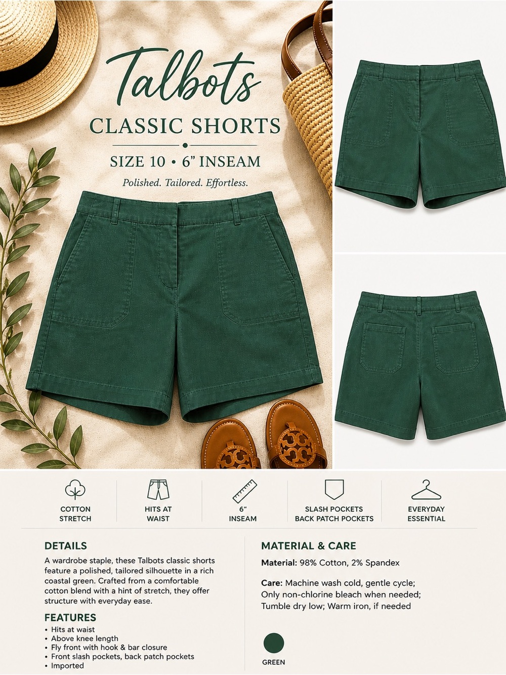Talbots Cotton/Spandex Short size 10 Green